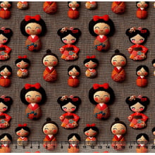 Tecido Tricoline Digital Kokeshi Fundo Juta 3D 96726