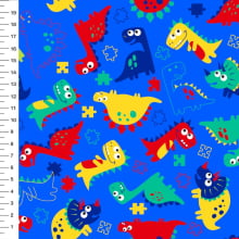 Tecido Tricoline Digital Dino Quebra Cabeça Azul - Meia Tigela 84513