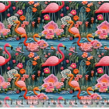 Tecido Tricoline  Flamingo Bordado Color 02 3D - 81376