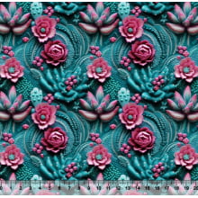 Tecido Tricoline Cactos Flores Pink e Jade Escuro 3D - 82382 Tecido Tricoline Cactos Flores Pink e Jade Escuro 3D - 82382