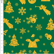 Tecido Tricoline Enfeites Dourado Natal Verde 1403264