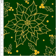 Tecido Tricoline  Flor Natal Linhas Douradas Fundo Verde 1416059