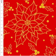 Tecido Tricoline Flor Natal Linhas Douradas Fundo Vermelho 1416264