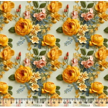 Tecido Tricoline Floral 3D Amarelo fundo Verde - 82383