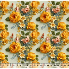 Tecido Tricoline Floral 3D Amarelo fundo Verde - 82383