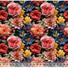 Tecido Tricoline Floral 3D Rosa Laranja e Azul - 82379