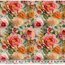 Tecido Tricoline Floral 3D Rosa Laranja Verde 2 - 82387