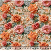 Tecido Tricoline Floral 3D Vermelho Rosa e Laranja - 82386