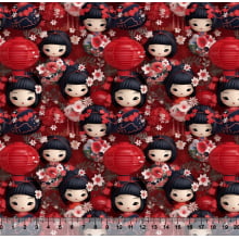 Tecido Tricoline Kokeshi Fundo Vermelho 3D  - 82483