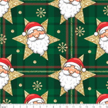 Tecido Tricoline Papai Noel Estrela Dourado 8085 Var02 - Fundo Verde