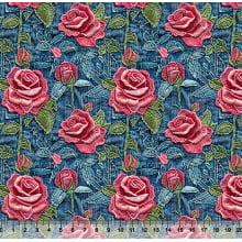Tecido Tricoline Rosas fundo Jeans 95907