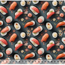 Tecido Tricoline Sushi fundo chumbo 3D  - 82484