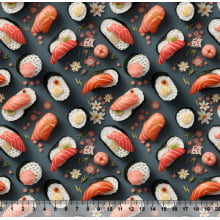 Tecido Tricoline Sushi fundo chumbo 3D - 82484 Tecido Tricoline Sushi fundo chumbo 3D - 82484