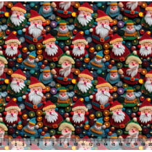 Tecido Tricoline Digital Papai Noel Azul/Vermelho/Verde 3D - 82176
