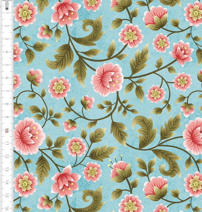 Tecido Tricoline Floral Salmão fundo azul claro - Cris de Marchi 9100e7374