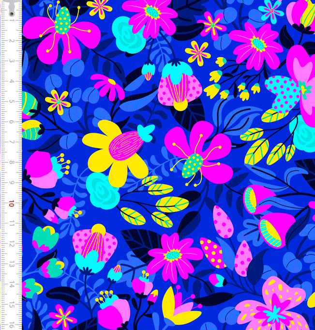 Tecido Sarja Impermeável Floral Divertido Fundo Azul - Meia Tigela