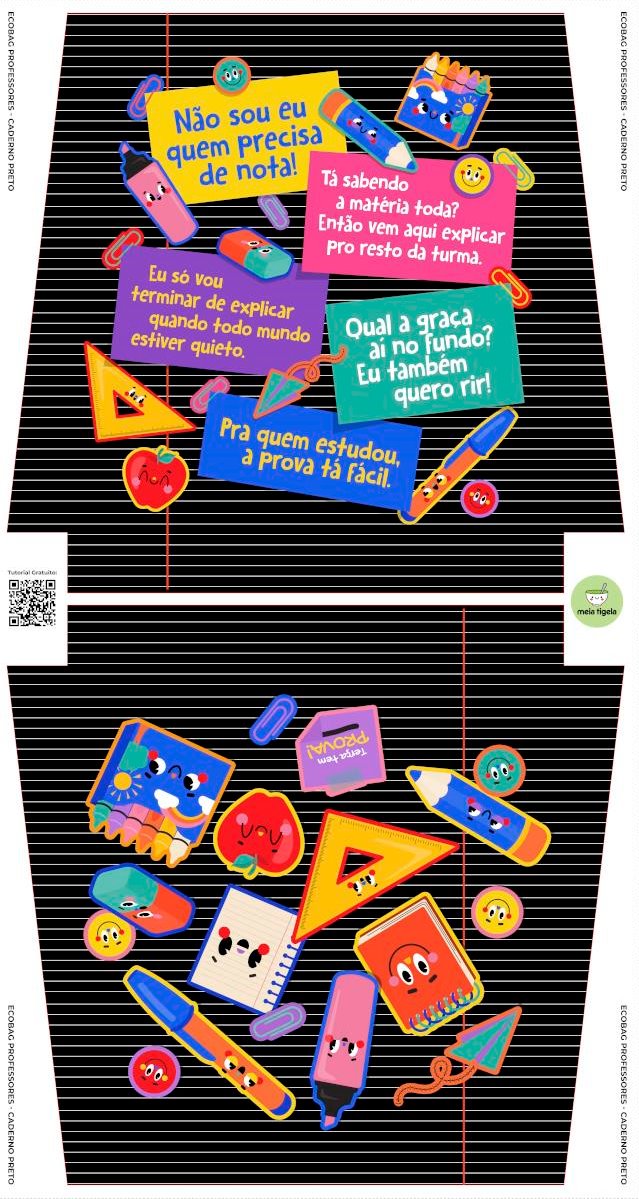 Tecido Painel Ecobag Dia dos Professores Fundo Preto - Meia Tigela