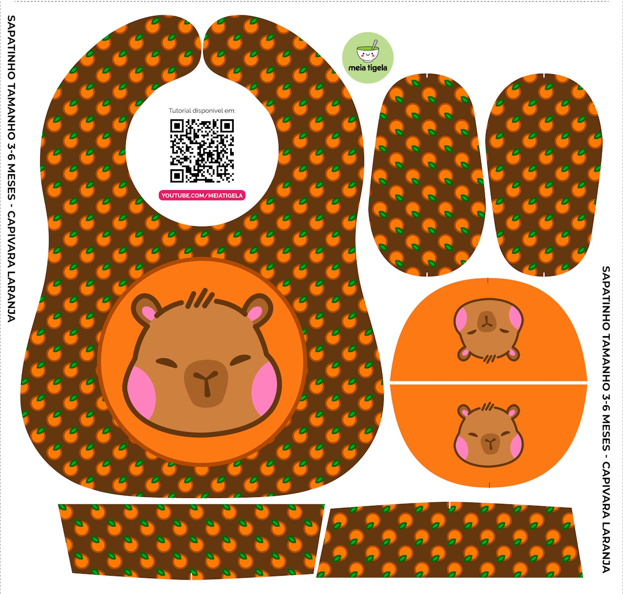 Tecido Painel Kit Babador e Sapatinho Capivara 2.0 Laranja - Meia Tigela