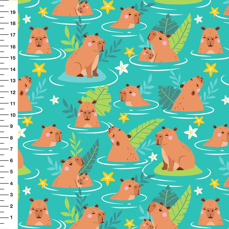 Tecido Tricoline Capivara Fundo Tiffany com Folhas - Meia Tigela 80111-01