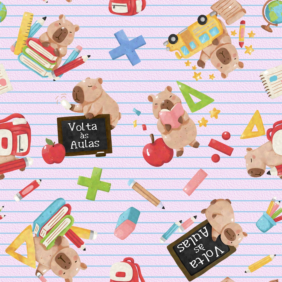 Tecido Tricoline Capivara Volta as Aulas Listrado Rosal bb