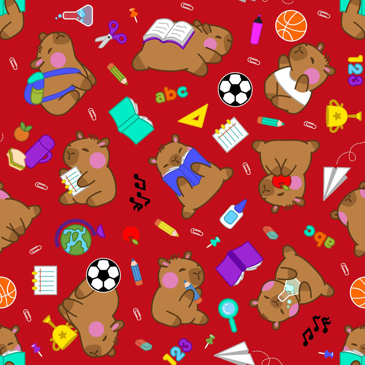 Tecido Tricoline Capivara Volta as Aulas vermelho - Meia Tigela