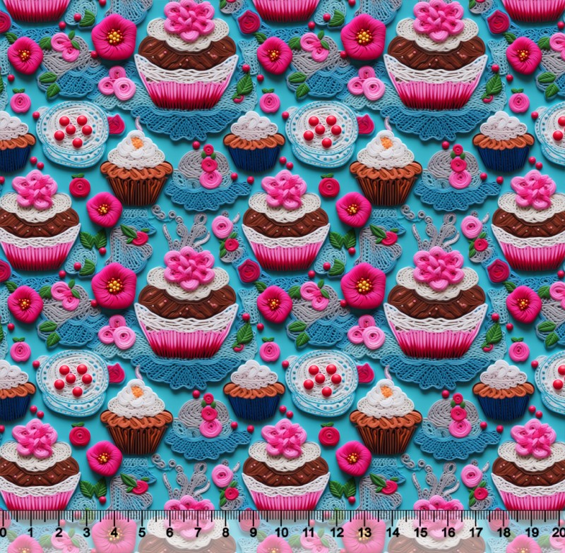 Tecido Tricoline CupCakes Bordados 1 3D Fundo Azul - 81378