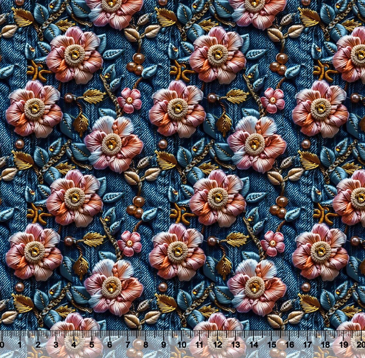 Tecido Tricoline Digital Flor Perolas Fundo Jeans - 95906