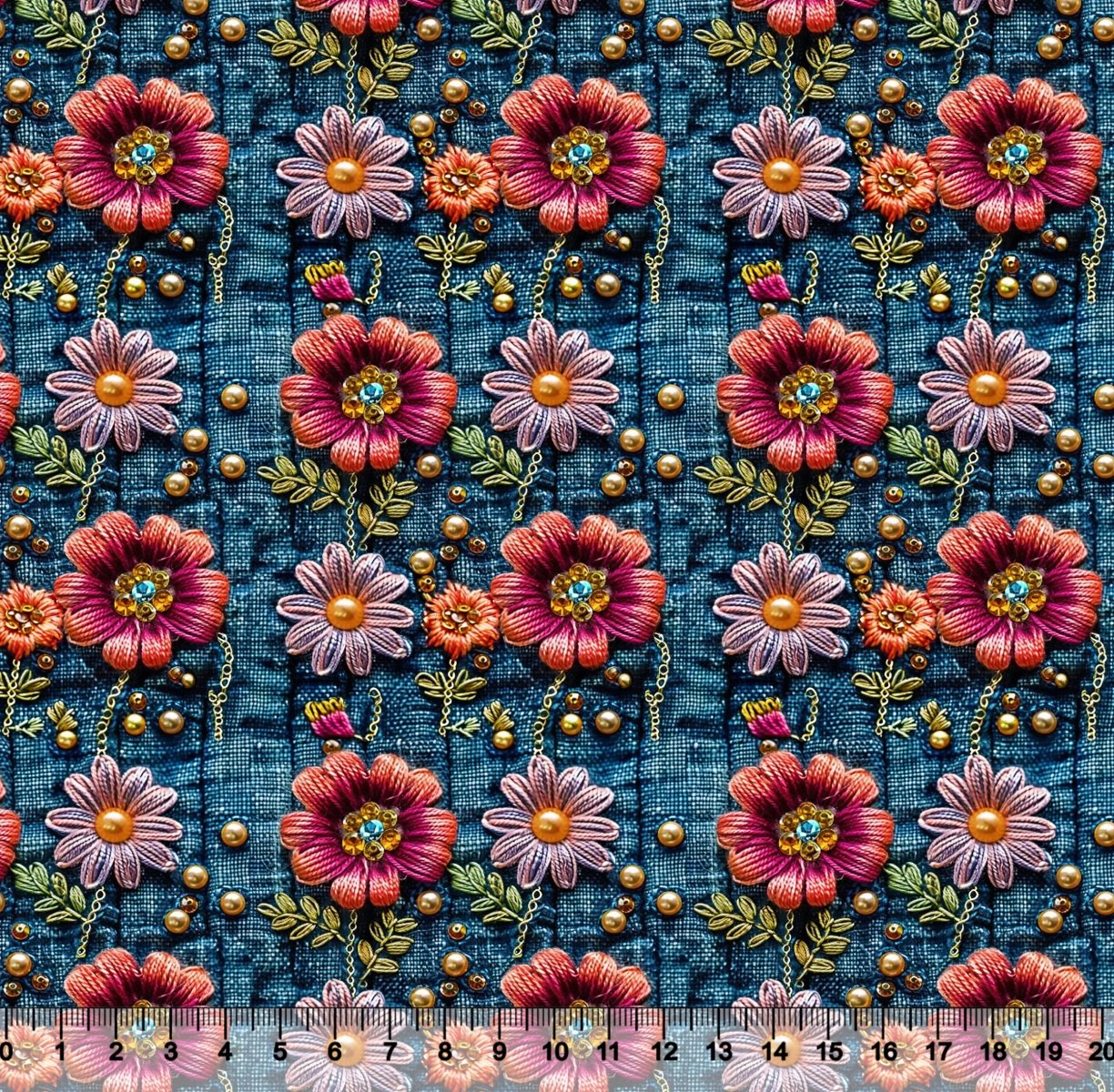 Tecido Tricoline Digital Flores Vermelho Perola Fundo Jeans - 95905