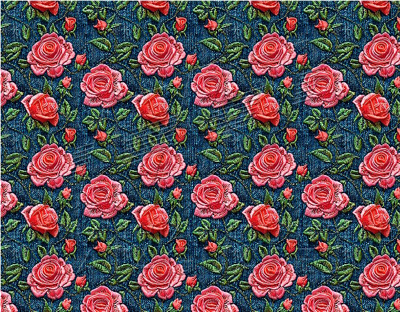 Tecido Tricoline Rosas Grandes e Pequenas fundo Jeans 95914