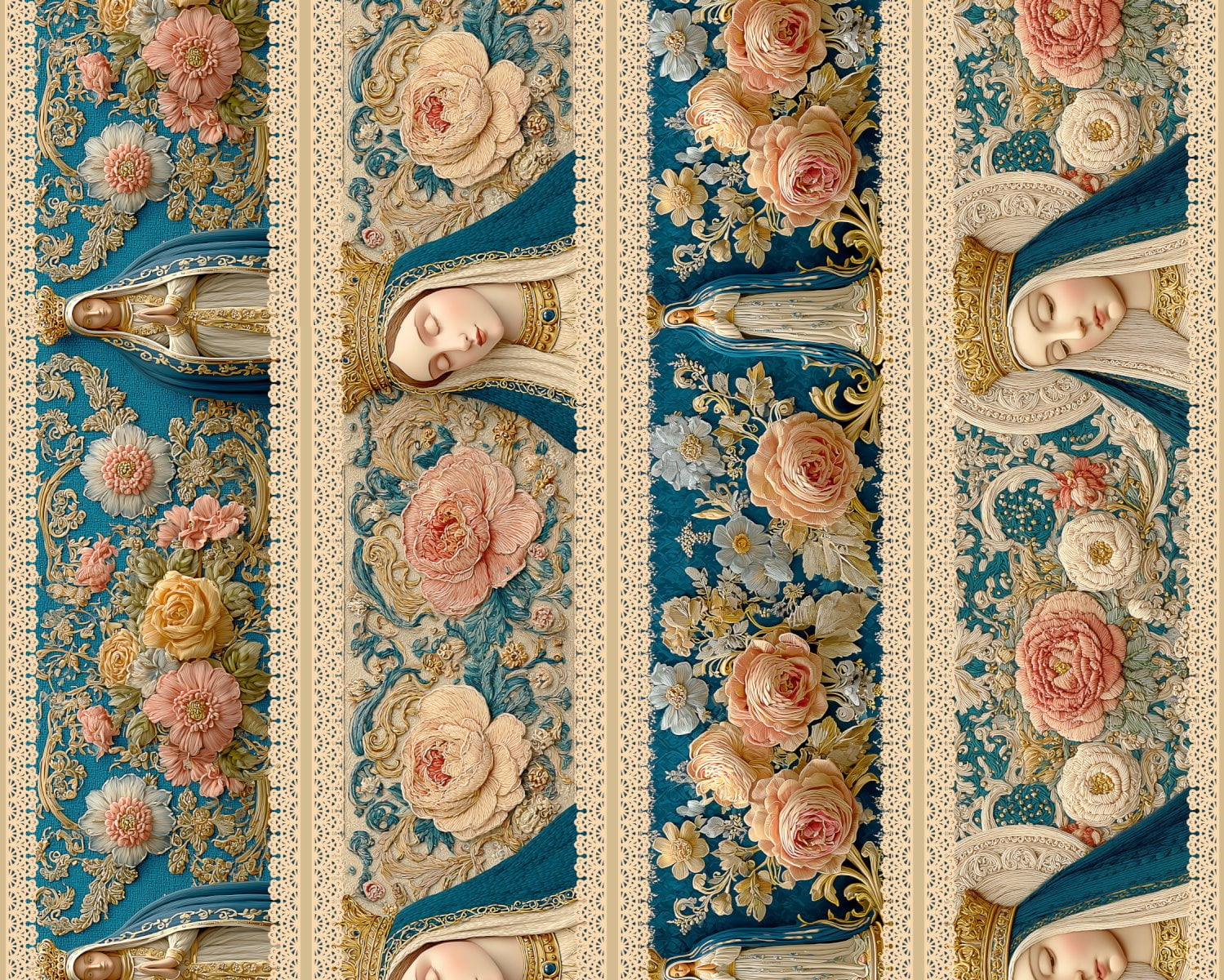 Tricoline Digital Barrado Nossa Senhora Bordado Bege - 05568