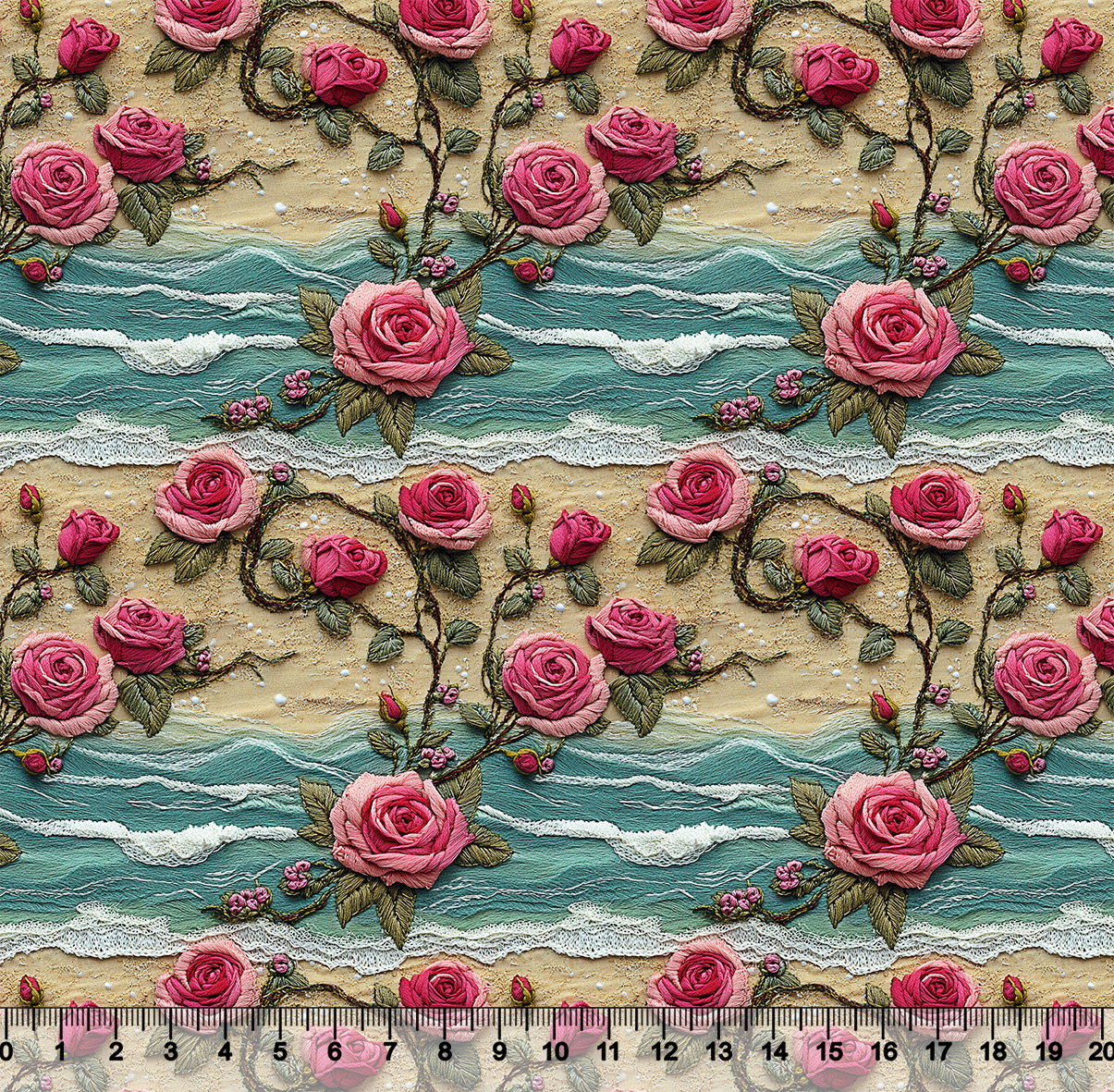 Tecido Sarja Impermeável 3D Rosas e Mar