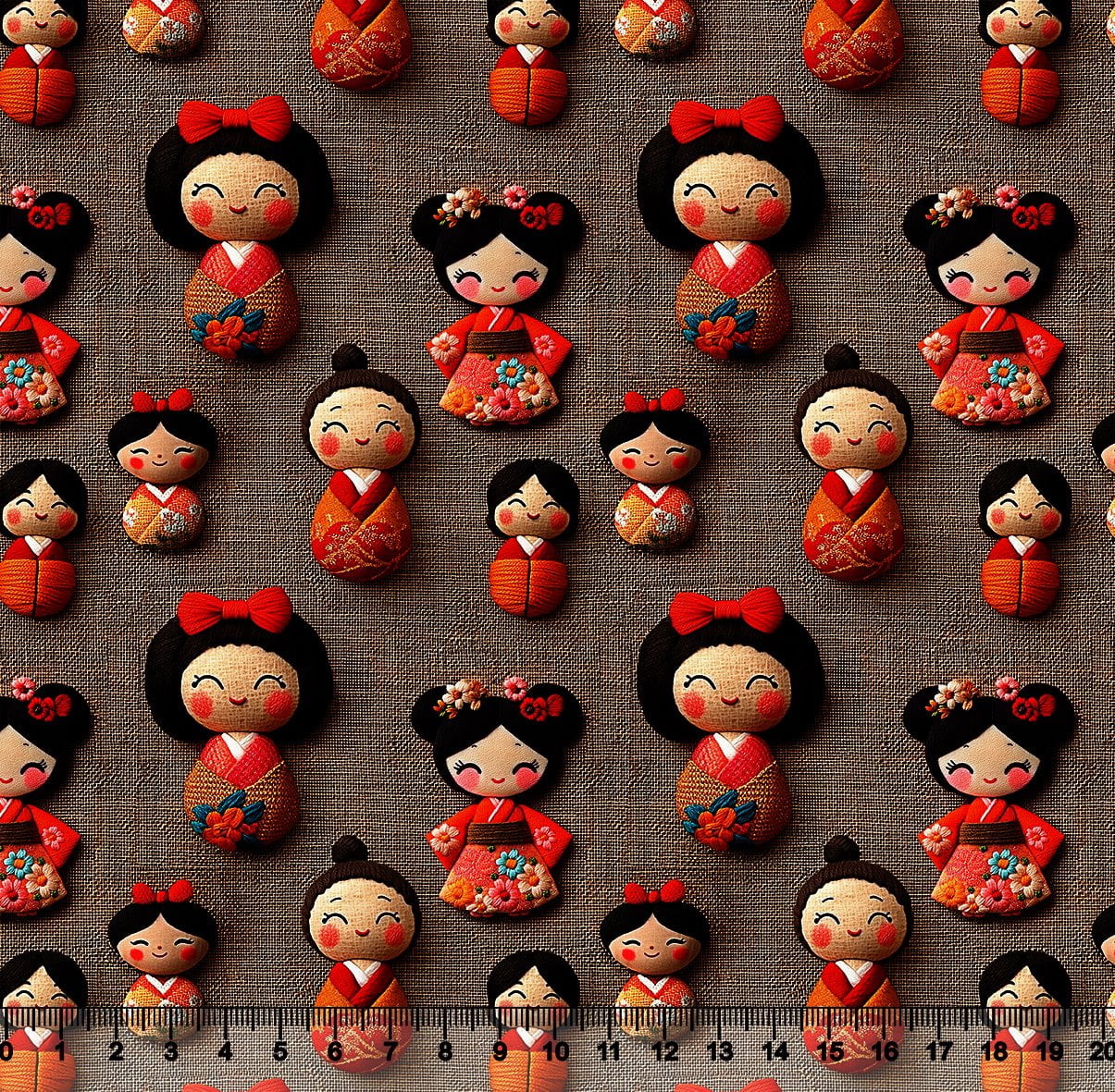 Tecido Tricoline Digital Kokeshi Fundo Juta 3D 96726