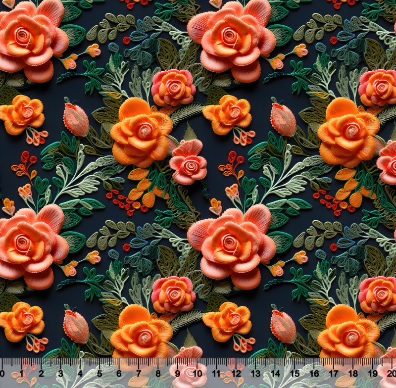Tecido Tricoline Floral Bordado laranja e verde 02 3D - 81237