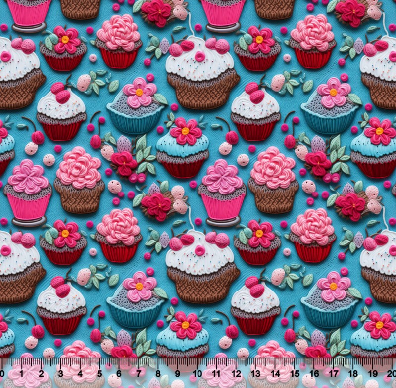 Tecido Tricoline CupCakes Bordados 2 3D Fundo Azul - 81377