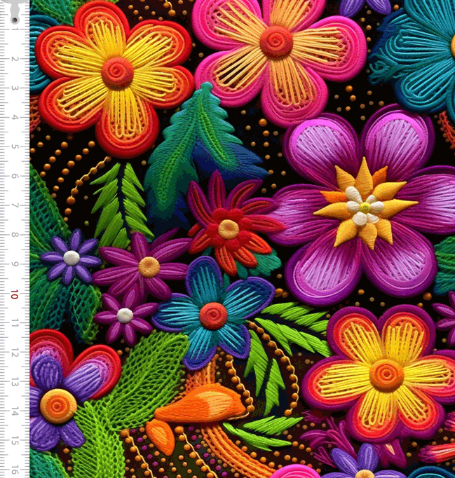 Tecido Sarja Impermeável 3D Flores Coloridas Fundo Preto