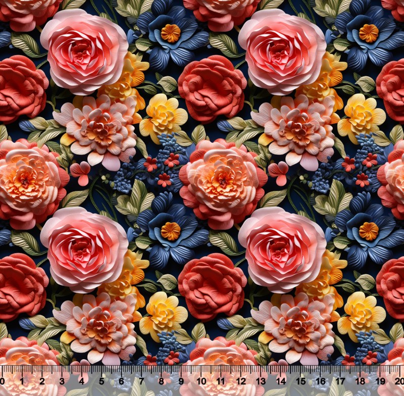 Tecido Sarja Impermeável Floral 3D Rosa Laranja e Azul DZ