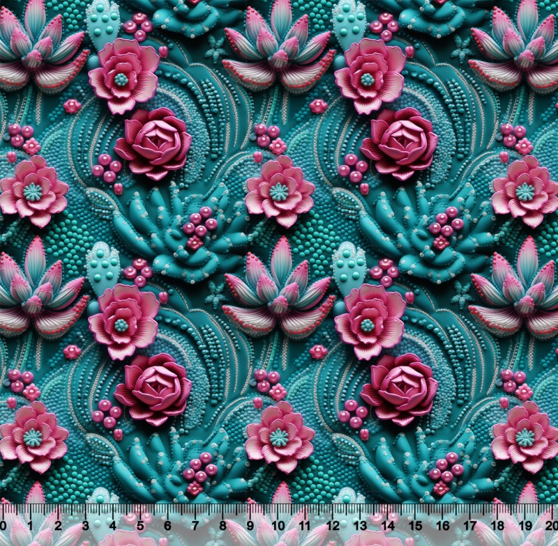 Tecido Tricoline Cactos Flores Pink e Jade Escuro 3D - 82382