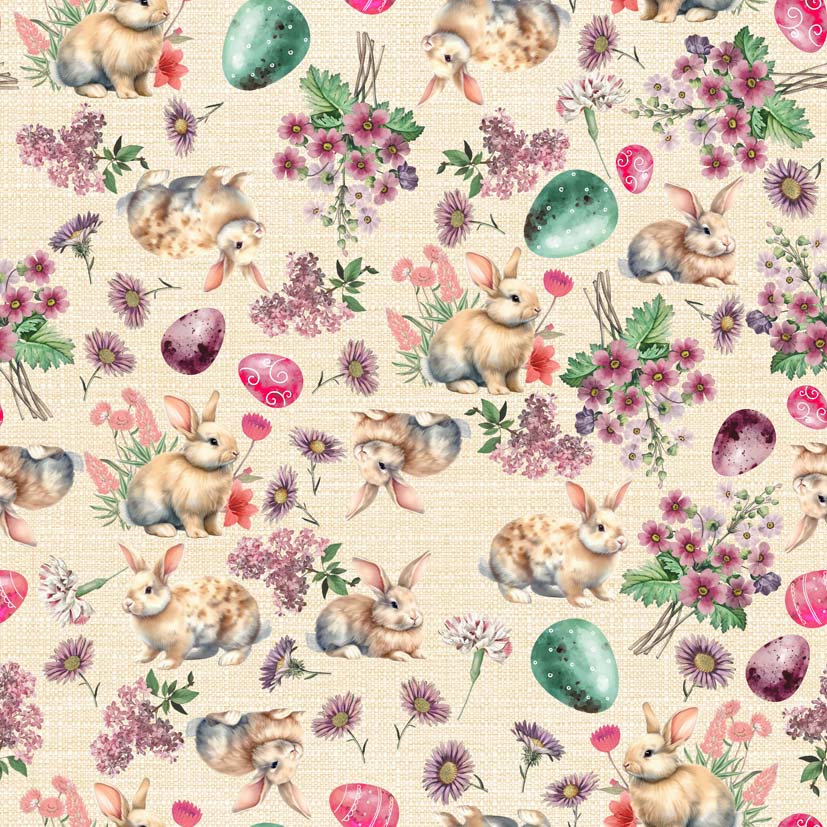 Tecido Tricoline Digital Coelhos de Páscoa e Ovos Bege 83076