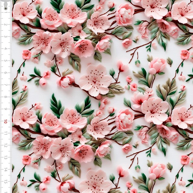 Tecido Tricoline Digital Flores Rosas Fundo Branco 3D