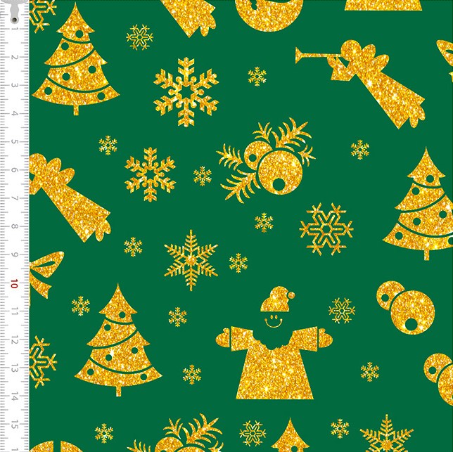 Tecido Tricoline Enfeites Dourado Natal Verde 1403264
