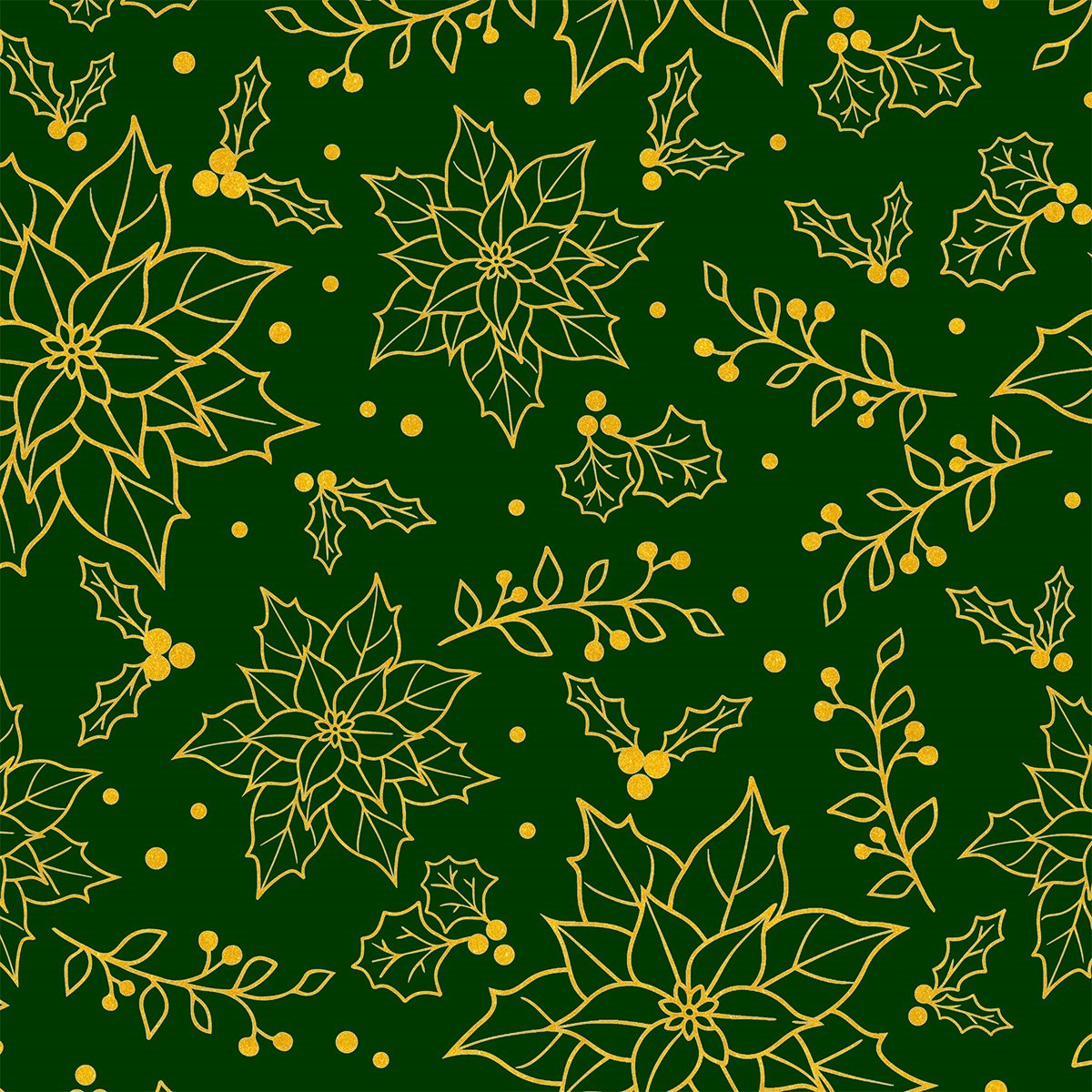 Tecido Tricoline  Flor Natal Linhas Douradas Fundo Verde 1416059