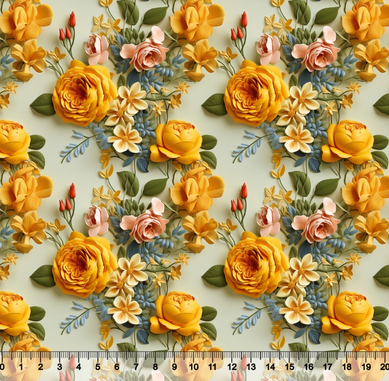 Tecido Tricoline Floral 3D Amarelo fundo Verde - 82383