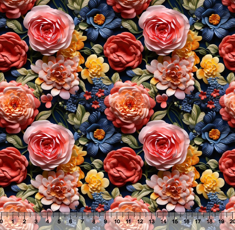 Tecido Tricoline Floral 3D Rosa Laranja e Azul - 82379
