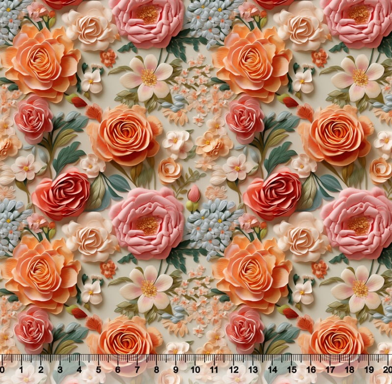 Tecido Tricoline Floral 3D Vermelho Rosa e Laranja - 82386