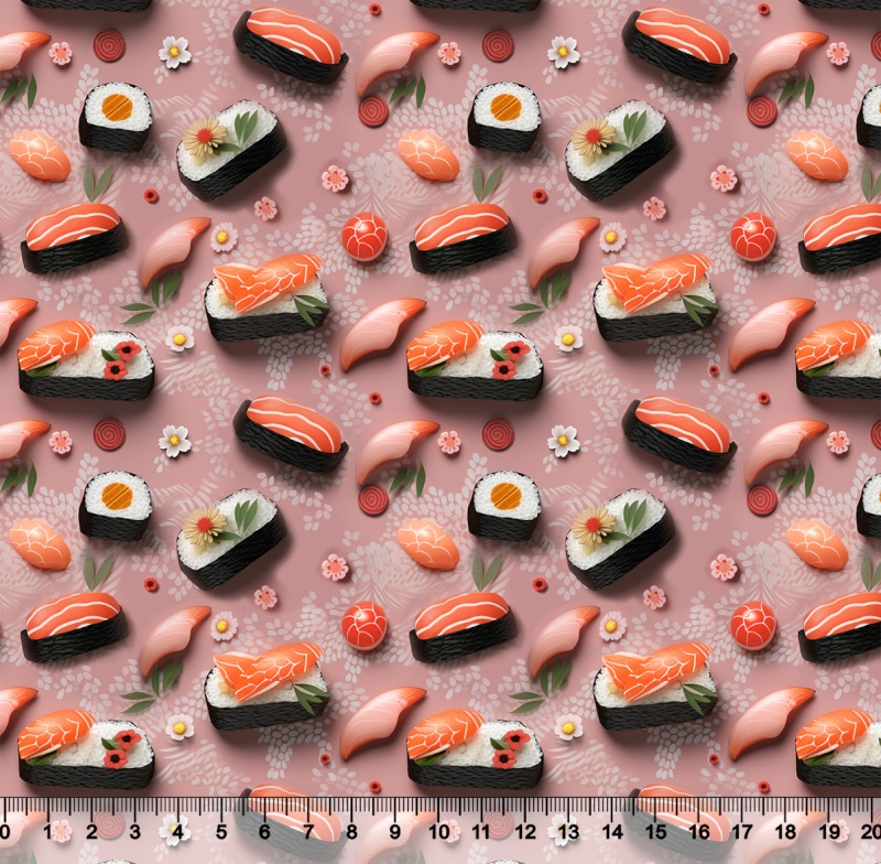Tecido Tricoline Sushi fundo Salmão 3D - 82485