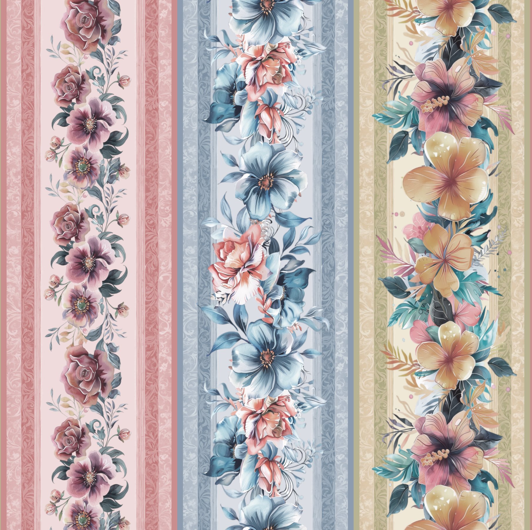 Tricoline Digital Barrado Floral Vintage - 98875