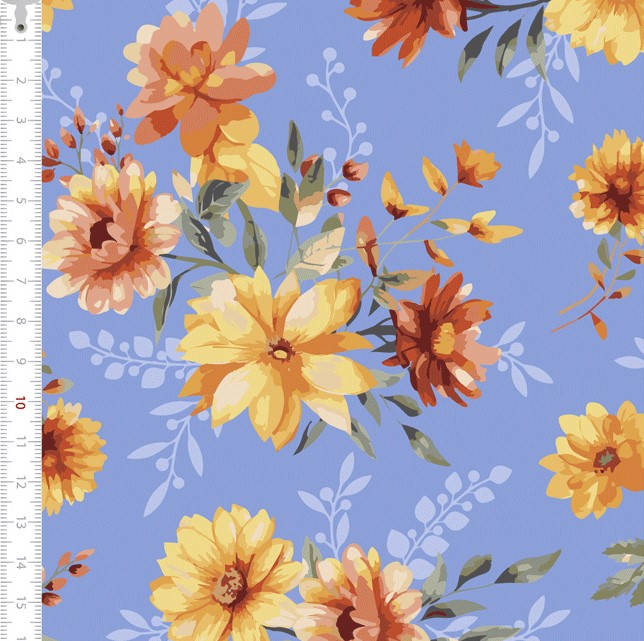 Tricoline Estampada Flores Fundo Azul 9050v116