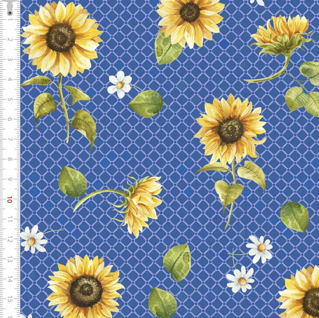 Tricoline Estampada Girassol Fundo Azul 9050v123